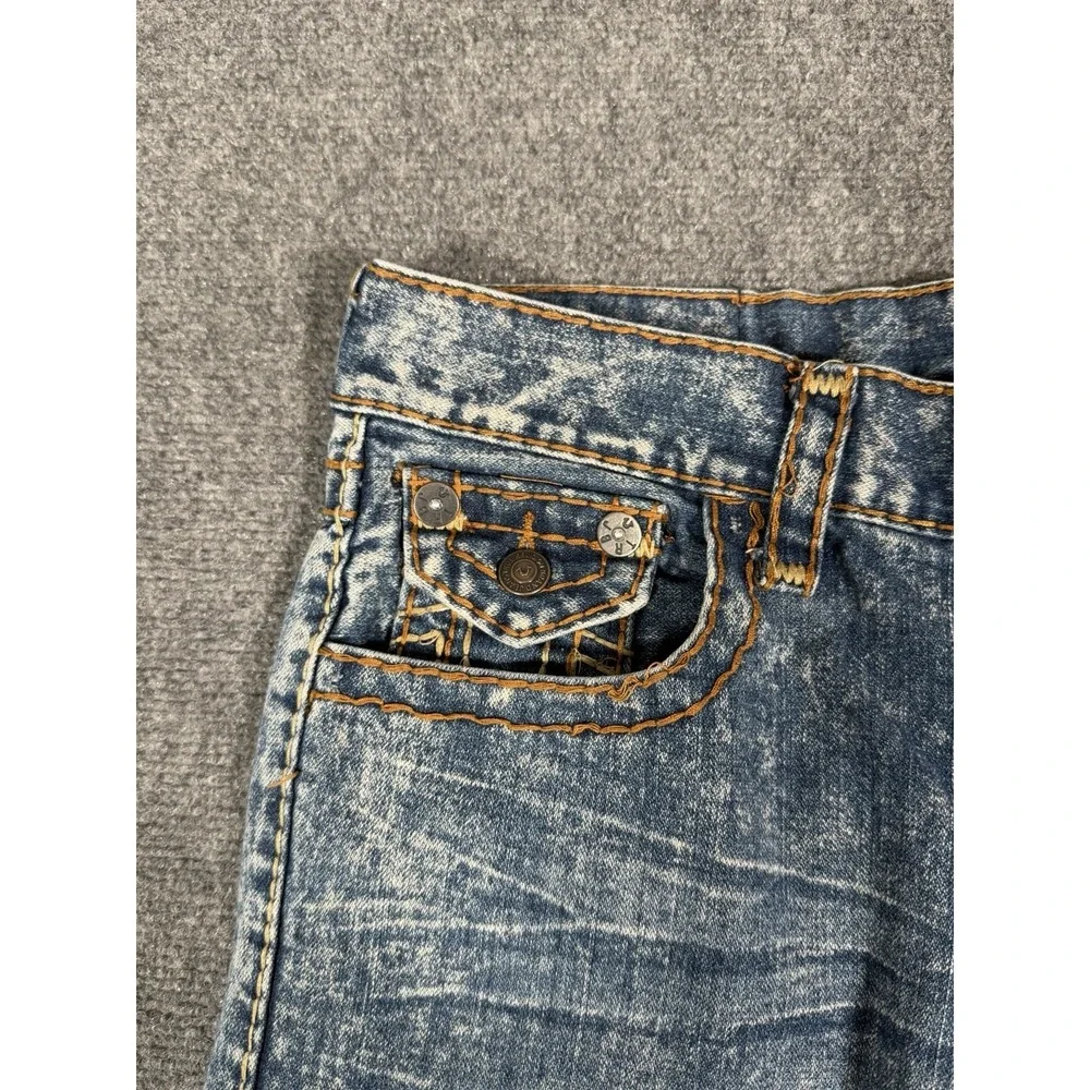 True Religion Ricky Straight Jeans Mens 34 Acid Wash Distressed Flap Pocket USA